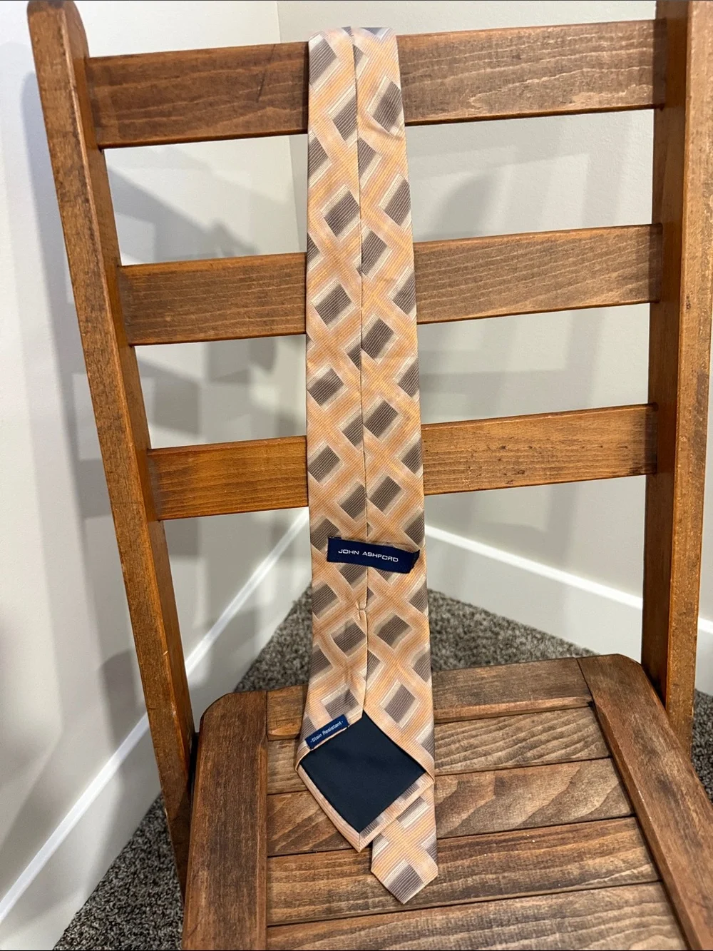 Vintage John Ashford Silk Blend Necktie Geometric Peach Gray Brown Hand Made